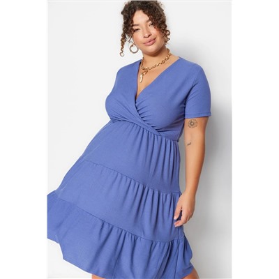 Indigo V -neck Volan вязание платье большого размера TBBSS23AH00030