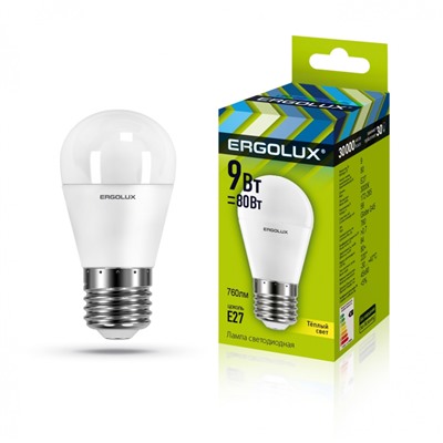 Нарушена упаковка!   Светодиодная лампа E27 9W 3000K (теплый) Ergolux LED-G45-9W-E27-3K (13176)
