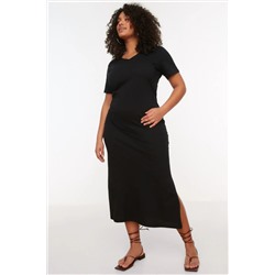 Черное v -v -neck slip maxi/long 100 %хлопковое вязаное платье tbbss22ah0163