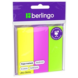 Флажки-закладки Berlingo "Ultra Sticky", 25*75мм, 100л*3 неоновых цвета, европодвес