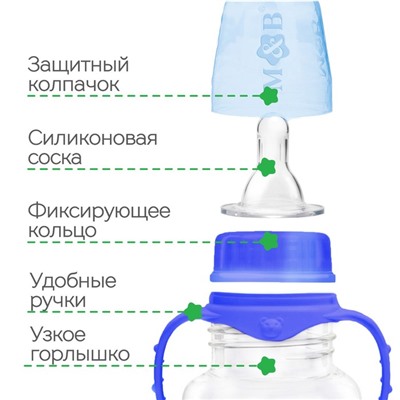 Бутылочка для кормления M&B «Малыш», классическое горло, с ручками, от 3 мес., 250 мл, синий