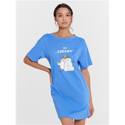 Сорочка ночная женская синяя с принтом и надписью "Say carrot!"