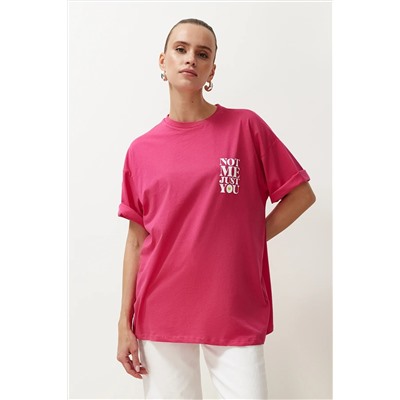 Fuchsia 100 %хлопок назад и передний лозунг Печатный негабаритный/повседневный вязаный вязание футболка TWOSS24TS00235