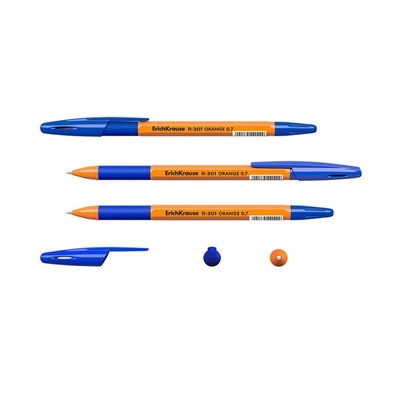 Ручка шариковая ErichKrause R-301 Orange Stick & Grip, узел 0.7 мм, чернила синие, резиновый держатель, длина линии письма 2000 метров