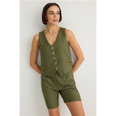 Жилета V-образного выхода Khaki и карман короткие тканые нижние команды Twoss25au00031
