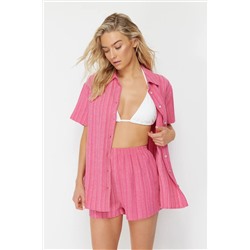 Fuchsia Woven Linen Linen Mixed Shirt Short Beach Set Tbess23au00054