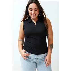 Черный приспособлен/сидит на кузовом воротнике гибкий вязание Big Size Blouse TBBSS24AF00065