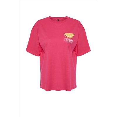 Fuchsia Pink 100 %хлопок обратно и предварительно напечатанный негабаритный/повседневный вязаный вязание футболка Twoss24ts00233