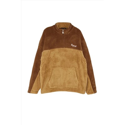 Camel Unisex Большой размер негабаритный/широкий цветовой блок, вышитая плюшевая толстовка Tmnaw24ao00015