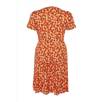 Оранжевый эскиз v -neck цветочный вязаный вязаный платье TBBSS22EL1638