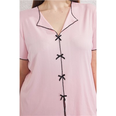 Pink V -NECK RIBBON/BOW DETHALL DETATION DITTION PAJAME SET TBBSS25AI00116