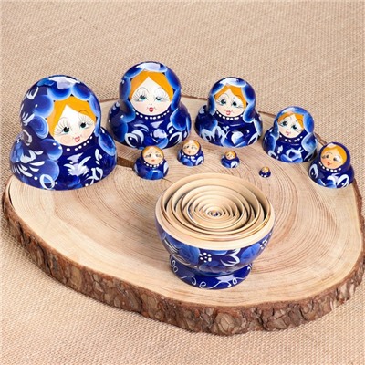 Матрёшка «Гжель», синее платье, 10 кукольная, 13 см,ручная роспись