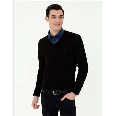 Black Slim Fit v -neck Основной вязаный свитер