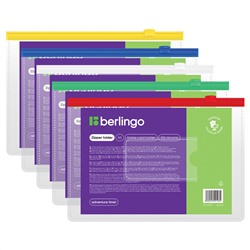 Папка-конверт на молнии Berlingo А5, 150мкм, с карманом для визиток, прозрачная, ассорти