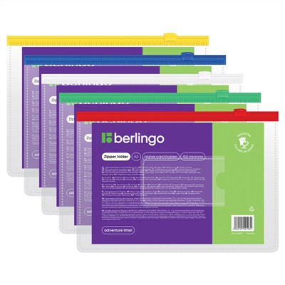Папка-конверт на молнии Berlingo А5, 150мкм, с карманом для визиток, прозрачная, ассорти