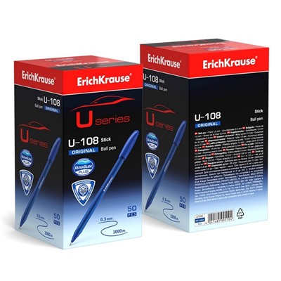 Ручка шариковая ErichKrause U-108 Original Stick, узел 1.0 мм, чернила синие, супермягкое письмо, длина линии письма 1000 метров