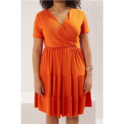 Orange v -neck Stakter вязание платья большого размера TBBSS22EL1638