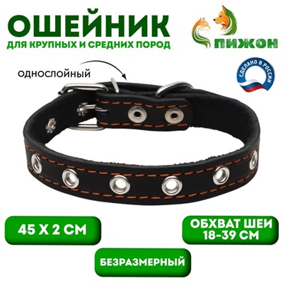 Ошейник кожаный однослойный безразмерный, 45 х 2 см, ОШ 18-39 см, чёрный