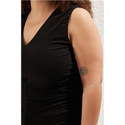 Черный v -v -neck Shirred 100 %хлопковой вяза