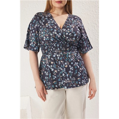 Blue Flower Patchered Cruve Curve Gipe детально вязание блузки большого размера TBBSS25AF00083