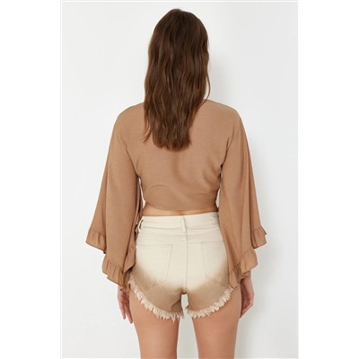 Ekru Degrade Patchered Denim Tassel Denim 100 %Cotton Beach Short TBESS24SR00004