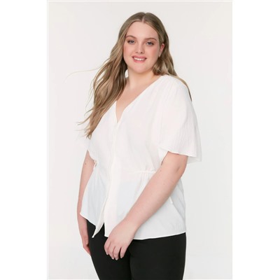 Ecru Weaving v -neck -связывающая блузка TBBSS22BZ0753