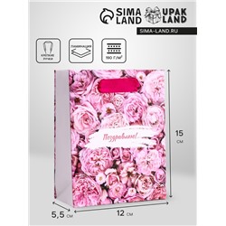 Пакет подарочный вертикальный «Счастливый день»,  S 12 × 15 × 5,5 см