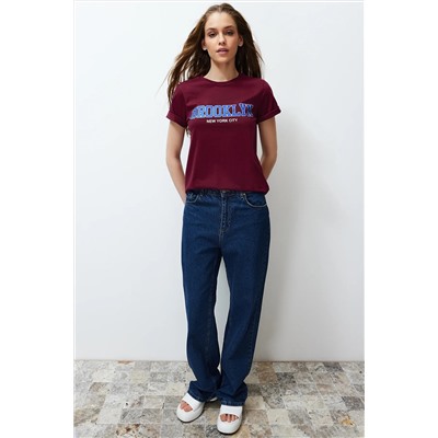 Burgundy 100 %хлопковой лозунг с печатью/нормальная вязаная футболка Twoss24TS00138