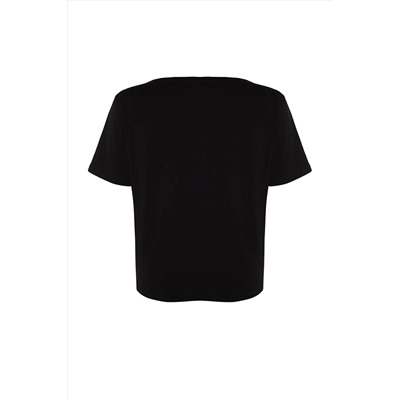 Black V-образное базовое 100 %хлопковое вязание футболка TBBSS22BF0028