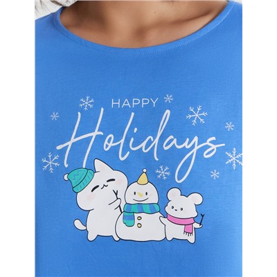 Пижама женская голубая с принтом и надписью "Happy Holidays"