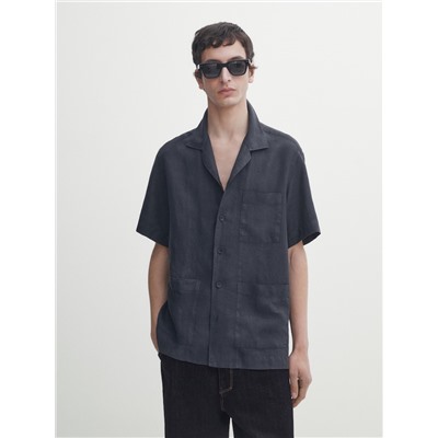 Camisa lino manga corta bolsillos
