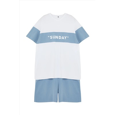 Blue White Color Block Регулярное приготовление печати большие шорты Pajama Set TMNSS24AI00003