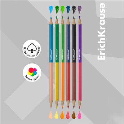Карандаши 12 цветов 6 штук, ErichKrause, двусторонние, дерево, трехгранные, 2,6 мм грифель, картонная упаковка, европодвес