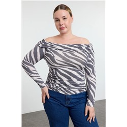 Ecru-Gray с рисунком Carmen воротник Viscose вязание Big Size Blouse TBBAW25AF0002020