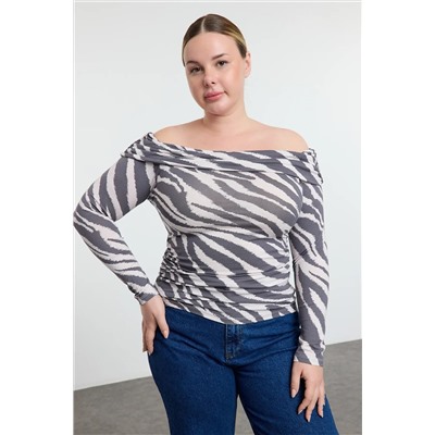 Ecru-Gray с рисунком Carmen воротник Viscose вязание Big Size Blouse TBBAW25AF0002020