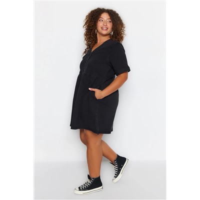Anthracit открылся из талии/фигуриста V -Neck Denim Dress TBBSS23AH00078