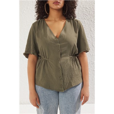 Khaki weaving v -neck -связывающая блузка tbbss22bz0753