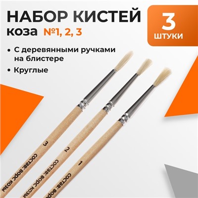 Набор кистей коза, 3 штуки (№1, 2, 3), круглые, с деревянными ручками, в блистере