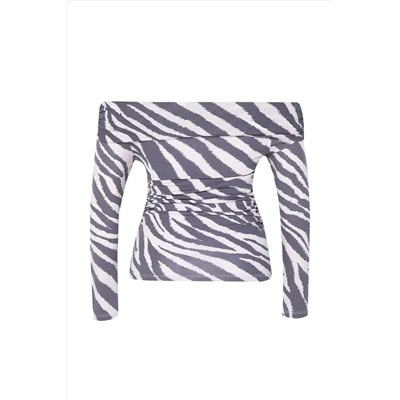 Ecru-Gray с рисунком Carmen воротник Viscose вязание Big Size Blouse TBBAW25AF0002020