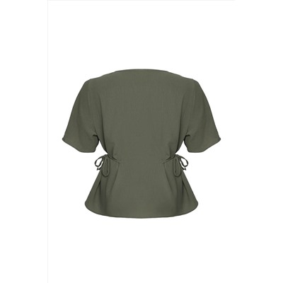 Khaki weaving v -neck -связывающая блузка tbbss22bz0753
