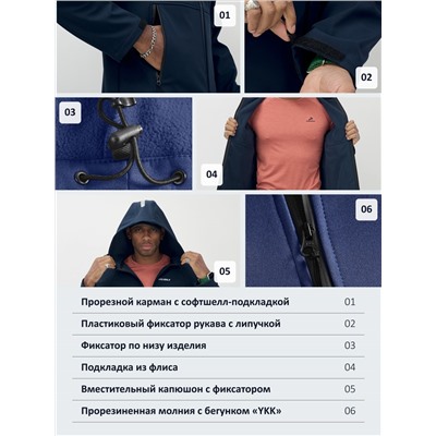 Ветровка спортивная мужская с капюшоном softshell темно-синего цвета 9563TS