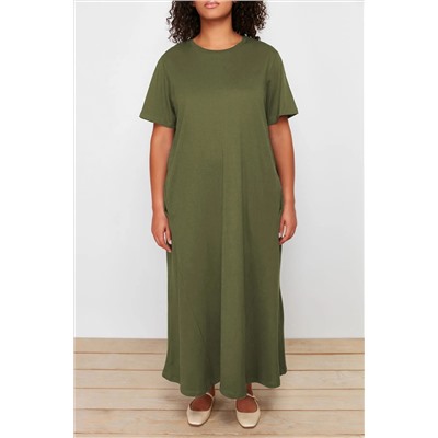 Khaki Midi 100 %хлопковое вязание футболка TBBSS24AH00067