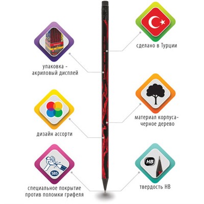 Карандаш чернографитный BRAUBERG "PREMIUM TURKEY", 1 шт., "Flame", НВ, ассорти, дисплей,181565