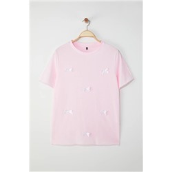 Розовый лук/лента детальная футболка Basic Fit Big Size TBBSS25BF00052