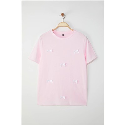 Розовый лук/лента детальная футболка Basic Fit Big Size TBBSS25BF00052
