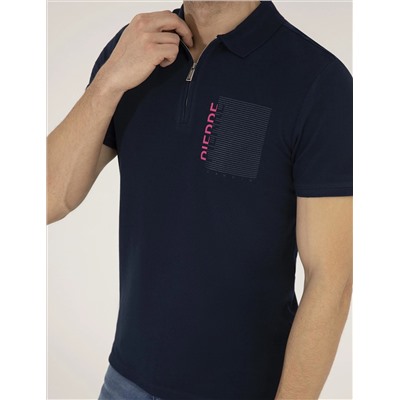 Темно -синий синий тонкий zipper polo yaka t -красавица