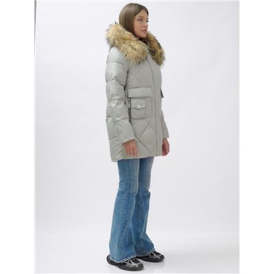Куртка женская зимняя с мехом енот премиум класса серого цвета 3141Sr