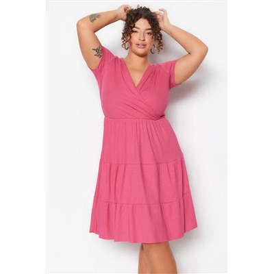 Fuchsia v -neck Volan вязание платье большого размера TBBSS23AH00030