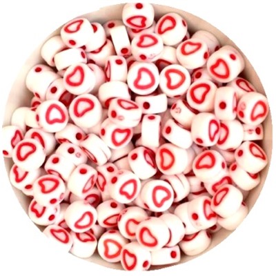 Бусины круглые Сердечки/ цв.белый с красным/ 4х7мм/ уп.500г/ фас.1уп.