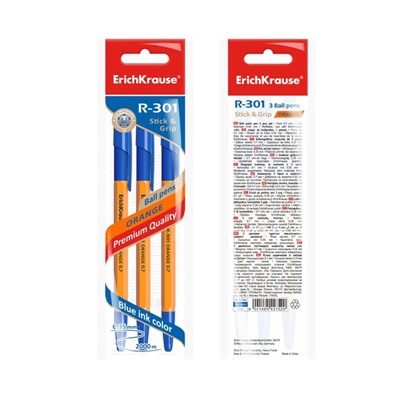 Набор ручек шариковых 3 штуки ErichKrause R-301 Orange Stick & Grip, узел 0.7 мм, чернила синие, резиновый упор, длина линии письма 1000 метров, европодвес
